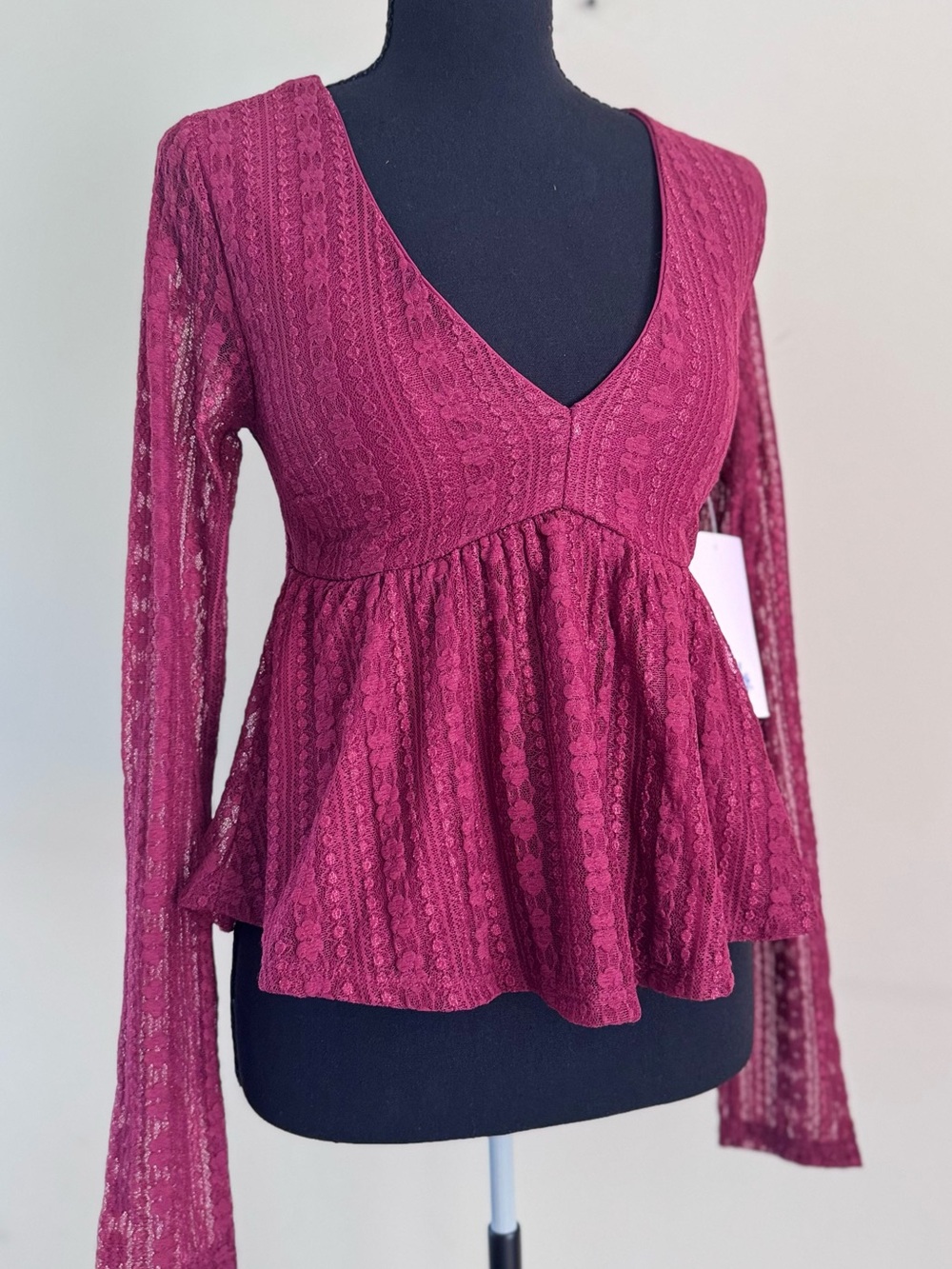 Ruby & Jewell Women's Wine Lace Peplum V-Neck Blouse - Picture 5 of 7